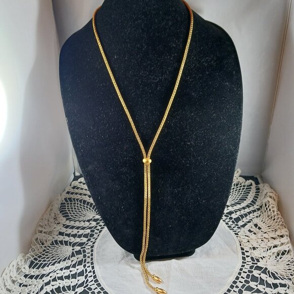 Vintage Monet Necklace Polished & Matte Gold Tone Lariat BOLO RARE - Picture 1 of 13